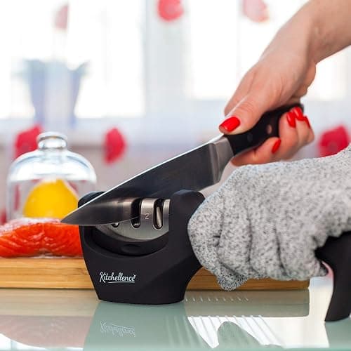 4-in-1 Kitchen Knife Accessories: 3-Stage Knife Sharpener Helps Repair, Restore, Polish Blades and Cut-Resistant Glove (Black) thumbnail 8