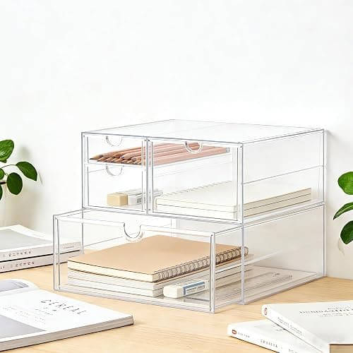 Prsildan Acrylic Drawer Makeup Organizer with 4 Drawers, Set of 2 Office Desk Organizers Accessories, Clear Stackable Storage Drawers for Vanity, Countertop, Craft, Jewelry, Art Supply Organization thumbnail 7