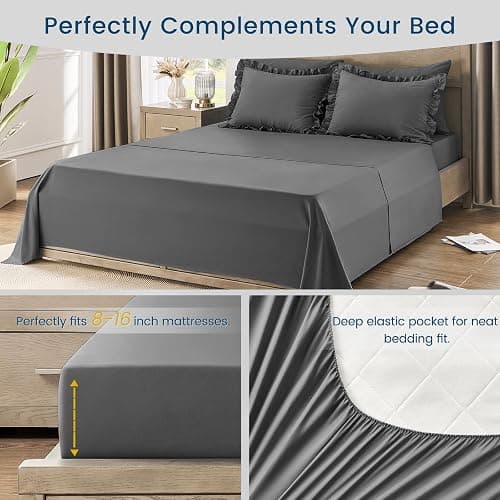 QUIETSEA Queen Bed in a Bag Dark Grey, 7 Pieces Comforter Set Queen | Ruffle Bedding Comforter Set, Shabby Chic Bed Set with Comforter, Pillowcases, Flat Sheet, Fitted Sheet and Pillow Shams thumbnail 6