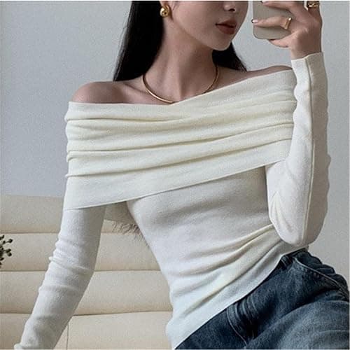 Women Long Sleeve Off Shoulder Wool Blend Y2k Aesthetic Tops Tee Knitted Sweater Shirt Pullover Fairycore Clothing thumbnail 4