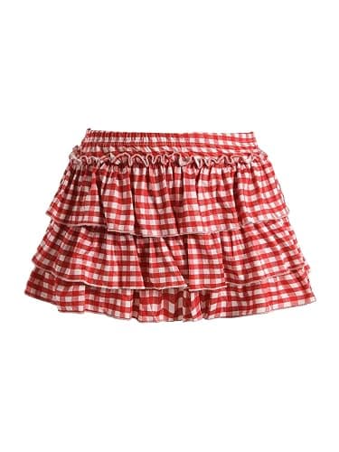 BEAUDRM Women's Y2k Bow Ruffle Mini Skirt Cute Gingham Layered Skort | Plaid Skirt, Pleated, Tiered, A-Line, Rave, Festival, Party, Country Concert Outfits thumbnail 2