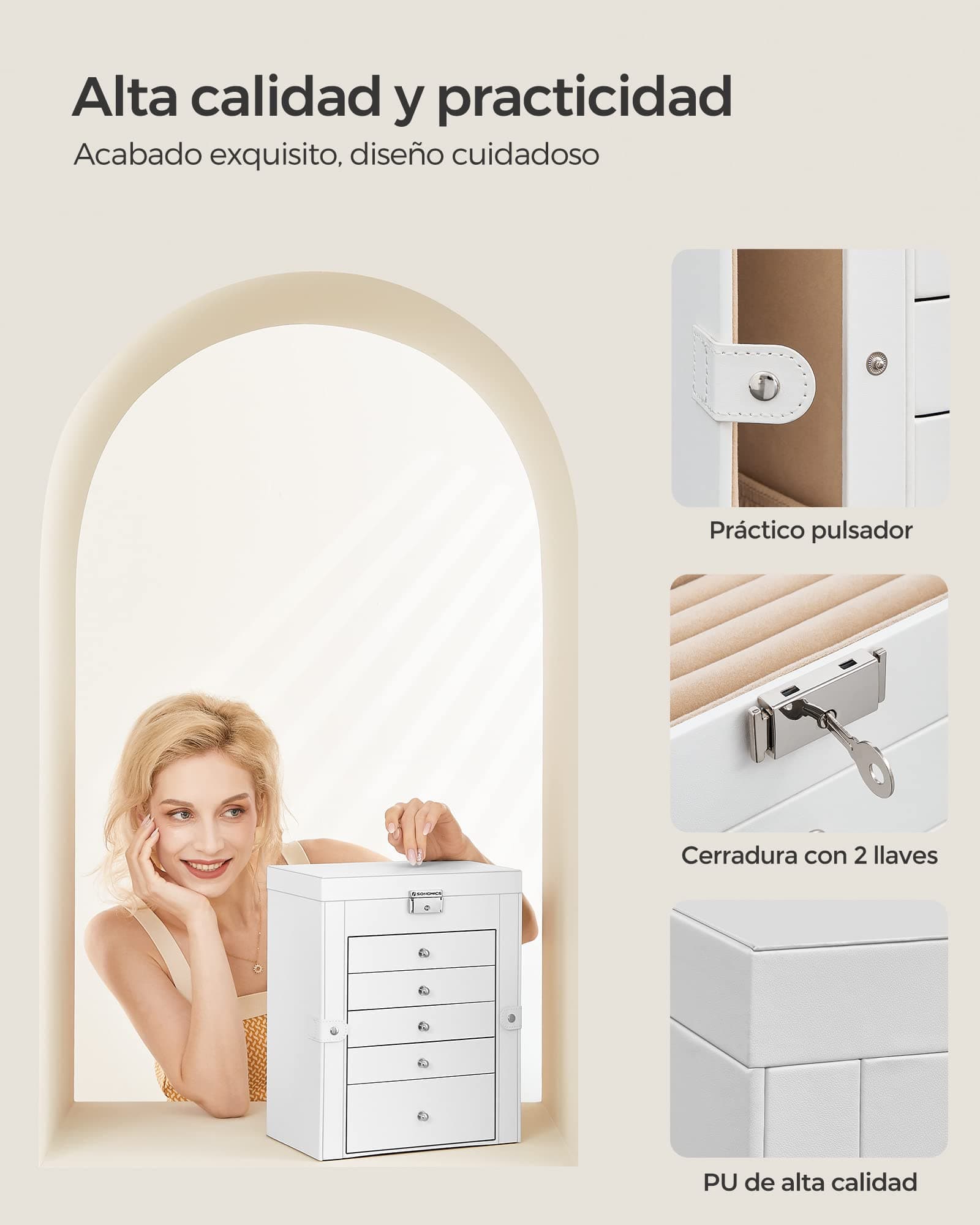 SONGMICS Caja para Joyas de 6 Niveles, Caja Joyero con 5 Cajones, Espejo, Cerradura, Superficie Blanco Nube y Forro Beige Arena MJBC152W01 thumbnail 8