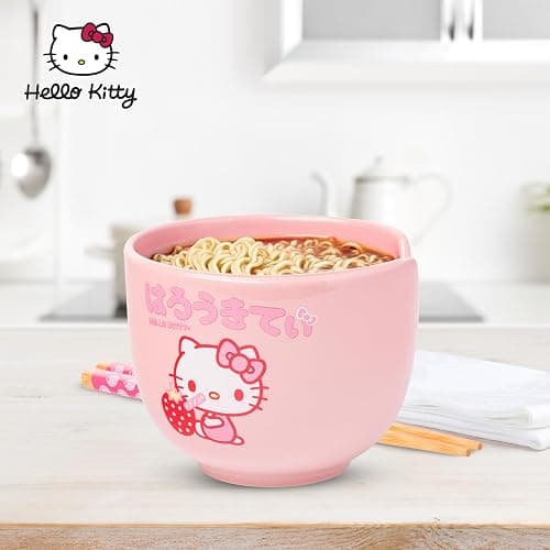 Silver Buffalo Sanrio Hello Kitty Strawberry Milk Japanese Character Ceramic Ramen Noodle Rice Bowl with Chopsticks, Microwave Safe, Pink, 20 Ounces thumbnail 2