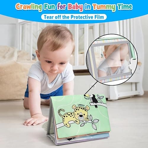 Dr.Rapeti Soft Tummy Time Book Baby Safe Mirror with Teether Crinkle Pages Tummy Time Mirror High Contrast Montessori Sensory Toy Tummy Time Toy for Newborn Baby Infant for 0+ thumbnail 5