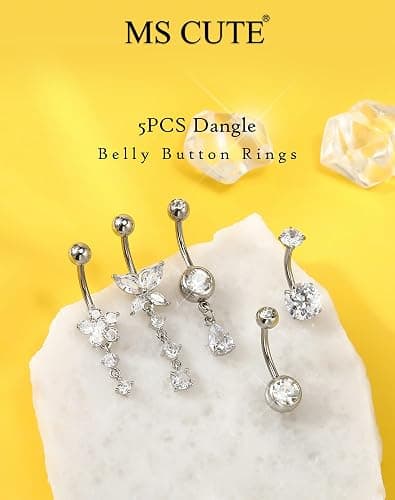 MS CUTE 5PCS Belly Button Rings for Women 14G Dangle Navel Piercing Jewelry Set Surgical Stainless Steel Body Jewelry with CZ Butterfly Flower Teardrop Barbell for Beach Festival Daily thumbnail 6