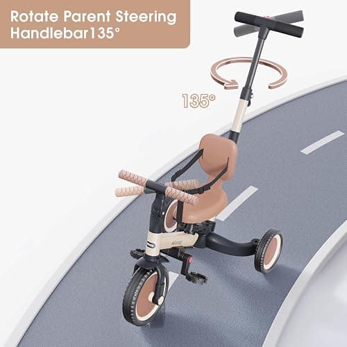 newyoo Toddler Tricycle with Push Handle for 1-3 Year Old, Toddler Bike, Birthday Gift and Toy for Boys and Girls, 5 in 1 Kids Trike, Balance Bike with Backrest and Safety Belt, Khaki, TR007 thumbnail 6