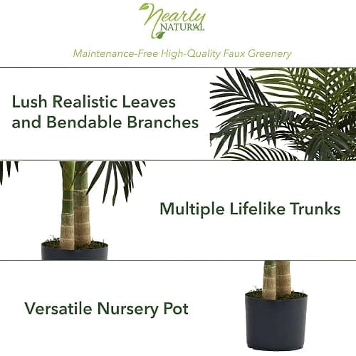 Nearly Natural 4 ft Artificial Golden Cane Palm Tree with Nursery Pot | Double-Stalk, Lush Realistic Foliage, Indoor Faux Palm Plant, Living Room Decor, Perfect Tropical Decoration thumbnail 4