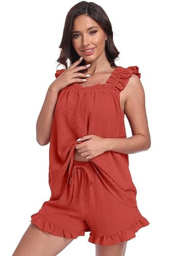 Lepunuo Pajamas for Women Summer 2 Piece Pjs Ruffle Tank Shorts Sleepwear | Cute Bridal Pajama Outfits,Lightweight,Tank Top,Ruffled Shorts with Pockets,2 Piece Lounge Set thumbnail 5