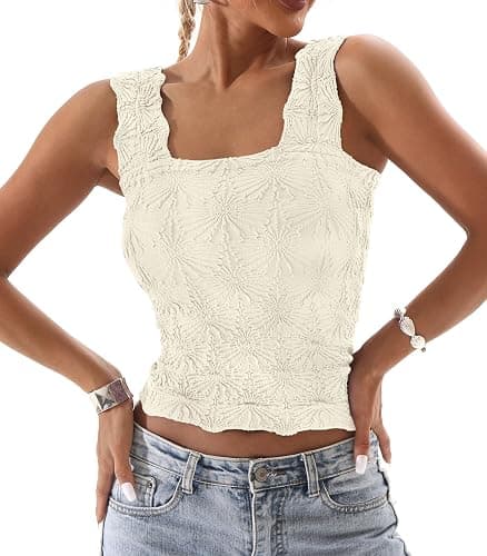 DouBCQ Women Cute Crop Tank Top Square Neck Wide Strap Vest Slim Fit Floral Lettuce Trim Cropped Cami Tops thumbnail 2