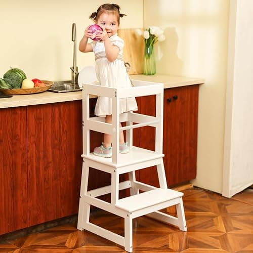 Kids Kitchen Step Stool for Kids with Safety Rail,Solid Wood Construction Toddler Learning Stool, Montessori Toddlers Kitchen Stool Tower (White) thumbnail 7