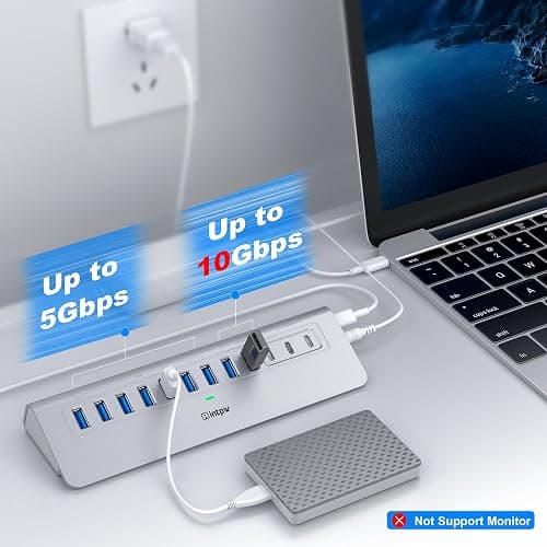 Powered USB Hub 10Gbps, intpw 12-Port USB 3.2 Hub with USB A/USB C 3.2, 7 USB 3.0, 2 PD 45W Charging Port, 65W Power Adapter and 5FT Cable, Aluminum USB Hub for Laptop, iPhone 17/16/15/PC thumbnail 4