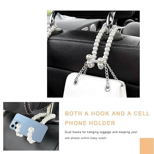 Rdxcv 2 PCS Elegant Pearl Car Seat Headrest Hook, Cute Pearl Car Seat Back Hook Storage Organizer, Exquisite Headrest Hanger Purse Holder Interior Decoration for Women Girls thumbnail 5