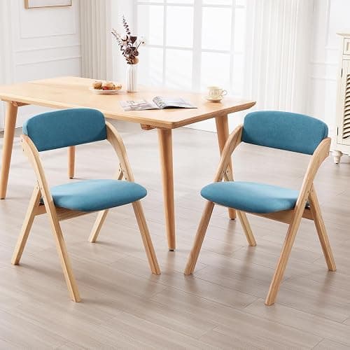 YUUIJOAA 4-Pack Folding Chairs with Cushion, Linen Padded Foldable Dining Chairs, Portable Raw Wooden Folding Chairs for Dining Rooms Parties Offices Indoor Outdoor Blue thumbnail 6