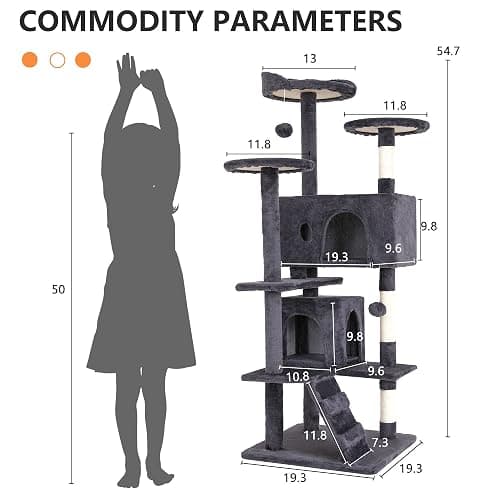 BestPet | 54" Cat Tree Tower | Ashy | Sturdy, Easy to Assemble, Multi-Level Activity Center with Sisal Scratching Posts, Condos, Perches, Hanging Cat Toys, Observation Decks & Ladder thumbnail 7