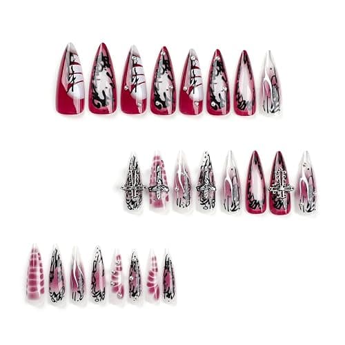 MISUD Press on Nails - Long Stiletto Glue on Nails with Goth Red Black, Acrylic Gothic Corss Design 24 pcs thumbnail 3