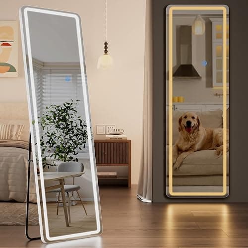 Koonmi LED Full Length Mirror, 56"x20" Full Length Mirror with Lights, Lighted Floor Mirrors with Stand, Full Body Mirrors with Dimming & 3 Color Lightingfor Living Room Cloakroom, White - Image 1