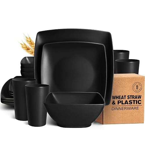 Teivio 16-piece Plastic Wheat Straw Square Dinnerware Set for 4, Unbreakable Dinner Plates, Salad Plates, Snack Bowls, Tumblers 13.5 oz, Dishwasher Safe, Black Matte - Matte Black - Image 1