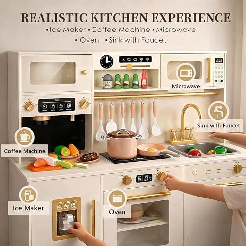 Play Kitchen for Kids, Wooden Pretend Toy Kitchen Set with Appliances & Smart Storage, Kids Kitchen Playset with 49 Toy Food & Cookware Accessories for Toddlers, Stove, Play Sink, Gift for Ages 3+ thumbnail 4
