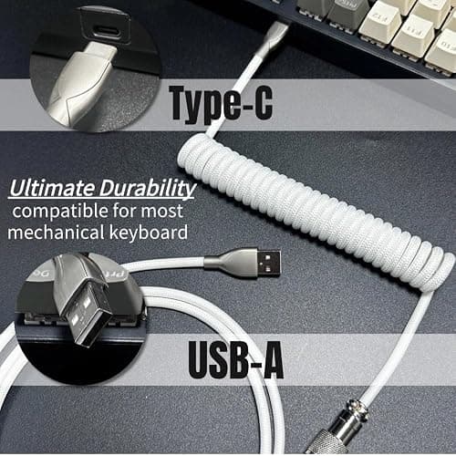 USB C Coiled Keyboard Cable - Gaming Keyboard Coil Cord ,Custom Type Braided Mechanical Keyboard Cable With Detachable Metal Aviator Wire, 1.5M USB-C to USB-A, Computer Decoration Keyboard Wire White thumbnail 3