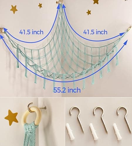Stuffed Animal Hammock-Large Stuffed Animal Net For Toys Corner-Hanging Stuff Animal Toy Storage Organizer For Plush Plushie Display Light Blue Girl Room Bedroom Boho Nursery Decor Toy Storage thumbnail 6