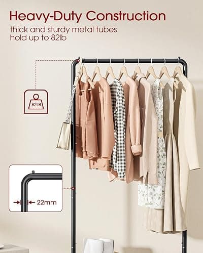 Sakugi Clothes Rack - Clothing Rack with Storage Mesh Shelf & Casters, Heavy-Duty Metal Clothing Rack for Hanging Clothes, Dresses, Coats, Large Load Capacity, Easy Assembly, Black, 28.0"x16.9"x59.0" thumbnail 5