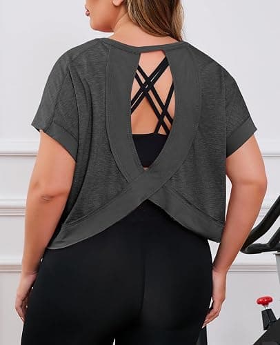 Fisoew Womens Plus Size Open Back Workout Tops Backless Athletic Shirt | Short Sleeve, Running Crop Top, Gym Yoga T-Shirt thumbnail 5