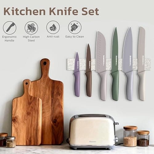 Astercook Knife Set, 13 Pieces Kitchen Knives Set with Healthy Anti-Rust Coating, Dishwasher Safe, Stainless Steel Chef Knife Sets with 6 Blade Guards, Perfect Holiday Gifts for Kitchen Morandi thumbnail 4