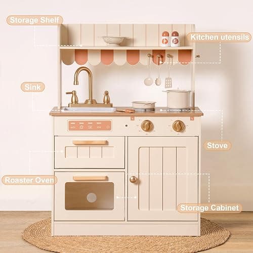 ROBOTIME Play Kitchen for Kids Toddlers, Wooden Pretend Play Kitchen Set Toy with Cutting Food Set, Toys Kitchen Gift for 3+ Year Old Kids, Girls & Boys thumbnail 5