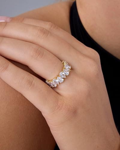 PAVOI 14K Gold Plated Pear Love Eternity Rings for Women | Gold Cubic Zirconia Ring | Bridal Eternity Wedding Band Ring thumbnail 2