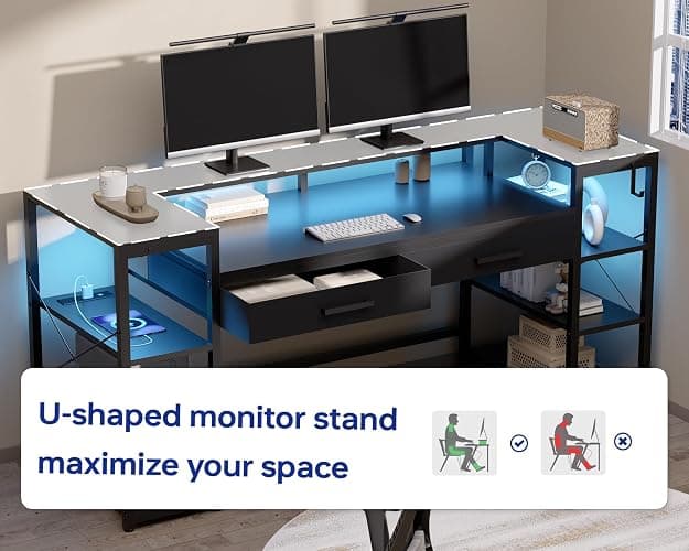 Pamray 58 Inch Gaming Computer Desk with Monitor Stand Drawers and Shelves | Ample Storage， Large Table with LED Lights & Power Outlets & USB Ports, Sturdy, Suitable for Gaming Home Office Work Study thumbnail 5
