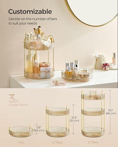 SONGMICS Makeup Organizer, 3-Tier Round Rotating Skincare Organizer Countertop, Customizable, Toiletries Vanity Organizer, Lazy Susan, Christmas Gift, Champagne Gold UJKA011A01 thumbnail 3
