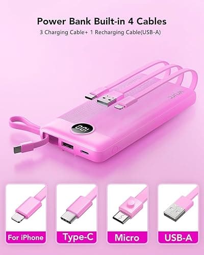 VRURC Portable Charger 10000mAh, Travel Essentials Battery Pack, 5 Output 2 Input Power Bank, Built-in Micro & USB C Cables Phone Charger Compatible with iPhone,Samsung,Android-Purple(1 Pack) thumbnail 3