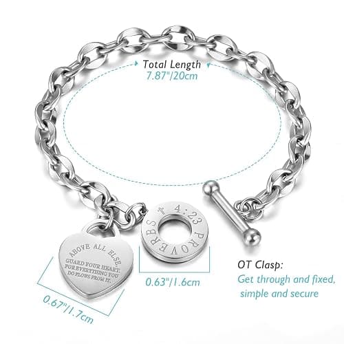 Emibele Heart Charm Bracelet for Women, Bible Verse Bracelet Stainless Steel 18K Gold Plated Bracelet Love Pendant Link Chain OT Clasp, Birthday Christmas Jewelry Gift for Mother Her thumbnail 7