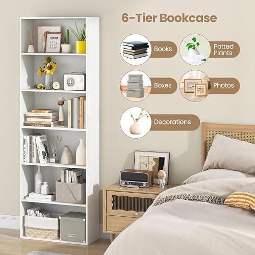 Giantex 6-Tier Bookcase, 70" Tall Wooden Bookshelf, Freestanding Storage Organizer w/Open Shelves, Anti-Tipping Kits, Modern Floor Standing Display Shelves for Living Room, Bedroom (1,White) thumbnail 6