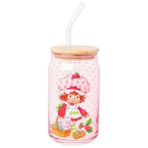 Silver Buffalo Strawberry Shortcake Pink Glass Tumbler with Bamboo Lid and Glass Straw Featuring Strawberry Shortcake and Custard, 16 Ounces - Image 1