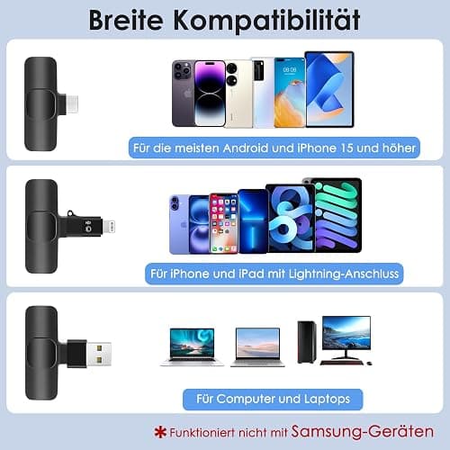 Kabelloses-Mikrofon-Handy for iPhone/Android/Computer PC Mini-Mikrofon Wireless Lavalier Microphone Kabellos Ansteckmikrofon Klein für Streaming, Videoaufnahmen, Interviews, YouTube, TikTok, Vlog thumbnail 2