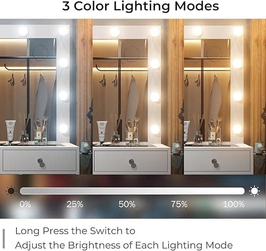 Vanity Desk with Power Outlet, 9 Drawers Makeup Vanity with Mirror and 12 LED Lights, 3 Lighting Modes, Glass Top Vanity Set, Fold-up Panel, Dressing Table for Bedroom thumbnail 4