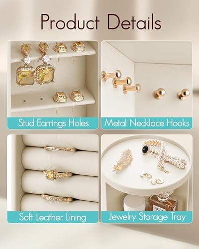 Vlando 360°Rotating Jewelry Box,Earring Organizer Large Vertical Jewelry Organizer with 6 Necklace Hooks, Open Ring Display Storage for Women - Cream White thumbnail 4