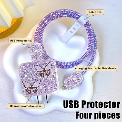 CameCosy Cute Glitter Cable Protector for iPhone Charger with Luxury Butterfly Girly Design Bling Cable Data Line Wire Saver Phone Charger Protector for iPhone 11 12 13 14 15 Pro Max Plus-Purple thumbnail 2