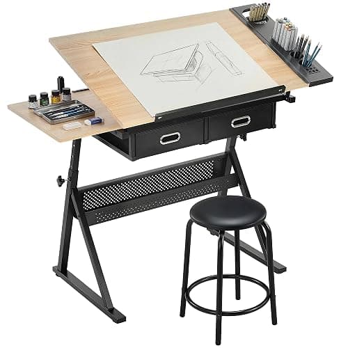 HOMCOM Adjustable Drafting Table, Art Desk Drawing Table Workstation with Stool and Storage Drawers for Painting, Multifunctional Writing Desk, Oak - Image 1
