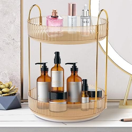 Zufudo Rotating Makeup Organizer Countertop 2 Tier Lazy Susan Trays Clear Skincare Perfume Storage for Bathroom Counter Vanity, Amber Gold thumbnail 7