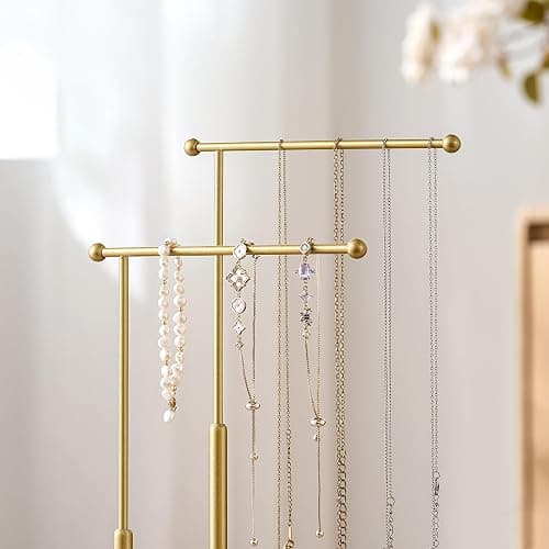 pickpiff Jewelry Organizer Holder Stand: 3 Tier Jewelry Storage Display for Necklace, Bracelet, Earring, Ring, White & Gold thumbnail 4