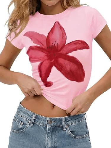 Tankaneo Womens Y2K Graphic Baby Tees Summer Flower Vintage Short Sleeve Tops Slim Fit Cropped T-Shirts - Image 1