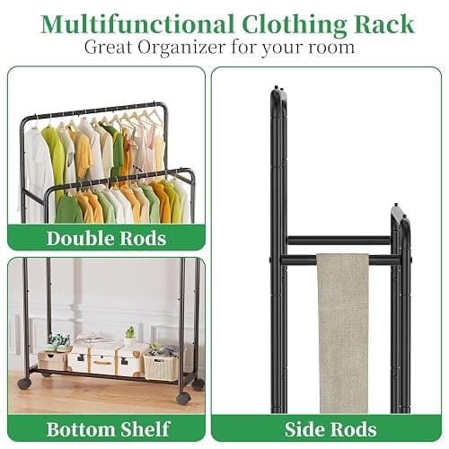 Simple Trending Clothing Clothes Rack Double Rods with Wheels, Rolling Metal Garment Rack for Hanging, Black thumbnail 5
