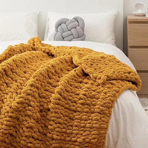 Chunky Knit Blanket Throw 40"*60", Hand Knitted Warm Chenille Throw Blanket, Home Decor Soft Thick Yarn Cable Knit Blanket,Soft Breathable Fleece Banket Christmas for Couch Bed Sofa Best Gift (Yellow) thumbnail 4