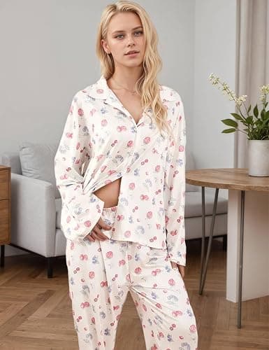 TIKITIDES Womens 2 Piece Fruit Floral Pajamas Button Down Pajama Sets Cute Long Sleeve Wide Leg Soft Pjs Loungewear thumbnail 4