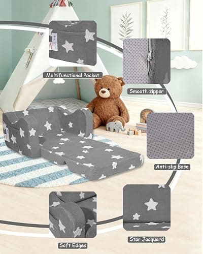 KokoSelene Toddler Couch, Kids Couch for Toddler Fold Out, 2-in-1 Convertible Kid Sofa to Lounger Bed for Girls and Boys, Ideal for Reading Sleeping Gaming Decor (Grey) thumbnail 6