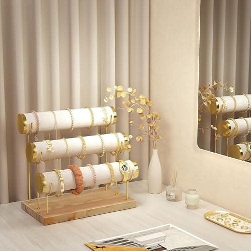 ProCase Bracelet Holder Display Bracelet Organizer Stand, Gold Detachable Bangle Storage Rack for Selling, Velvet Wrap Watch Holder with Wooden Base for Women Girls, Business Supplies - 3 Tier, Beige thumbnail 2