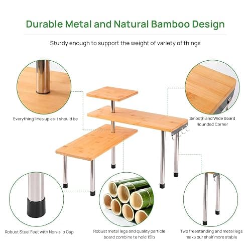 3 Tier Corner Shelf Bamboo Countertop Organizer Bookshelf Display Shelves Space Saving Rack for Living Room, Kitchen, Office (with Hooks) thumbnail 4