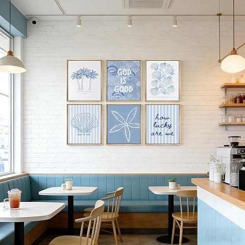 Kabcod 6Pcs Blue Coastal Wall Art,Beach Preppy Poster,Coastal Granddaughter Canvas Prints,Aesthetic Beachy Picture,Coast Ocean Shell Artwork,for Girls Girly Dorm Home Decor 8x10x6 Inch Unframed thumbnail 7